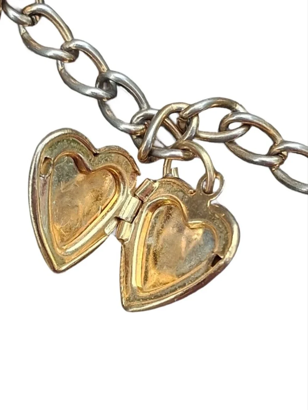 Vintage Heart Charm Bracelet Gold Tone Locket Rose Faux Pearl Rhinestone